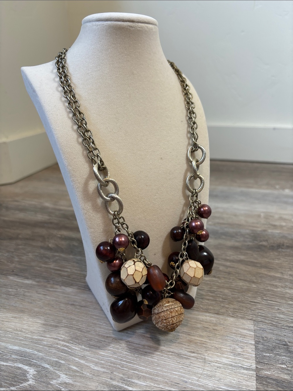 Wood & Bead Cluster Statement Necklace - Brown
